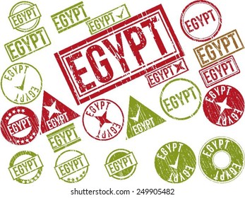 Collection of 22 red grunge rubber stamps with text "EGYPT" . Vector illustration