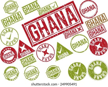 Collection of 22 red grunge rubber stamps with text "GHANA" . Vector illustration