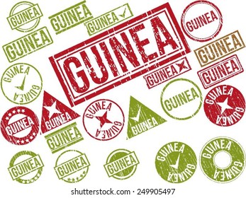 Collection of 22 red grunge rubber stamps with text "GUINEA" . Vector illustration