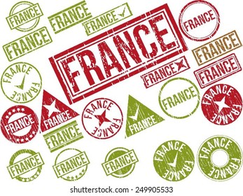 Collection of 22 red grunge rubber stamps with text "FRANCE" . Vector illustration