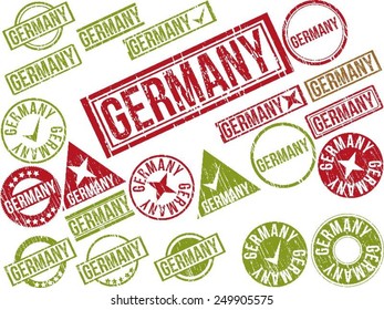 Collection of 22 red grunge rubber stamps with text "GERMANY" . Vector illustration