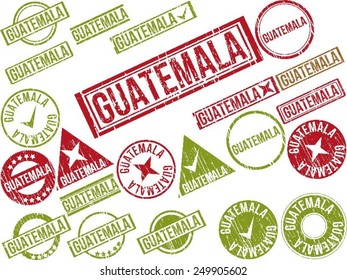 Collection of 22 red grunge rubber stamps with text "GUATEMALA" . Vector illustration