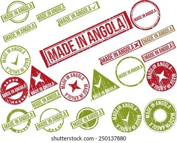 Collection of 22 red grunge rubber stamps with text "MADE IN ANGOLA" . Vector illustration