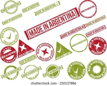 Collection of 22 red grunge rubber stamps with text "MADE IN ARGENTINA" . Vector illustration
