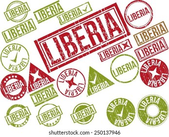Collection of 22 red grunge rubber stamps with text "LIBERIA" . Vector illustration