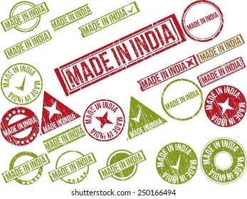 Collection of 22 red grunge rubber stamps with text "MADE IN INDIA" . Vector illustration