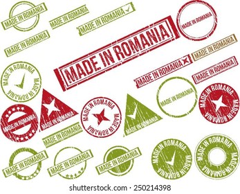 Collection of 22 red grunge rubber stamps with text "MADE IN ROMANIA" . Vector illustration