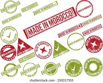 Collection of 22 red grunge rubber stamps with text "MADE IN MOROCCO" . Vector illustration