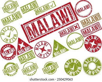 Collection of 22 red grunge rubber stamps with text "MALAWI". Vector illustration