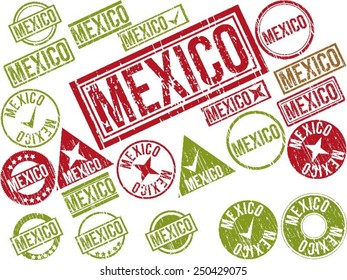 Collection of 22 red grunge rubber stamps with text "MEXICO". Vector illustration