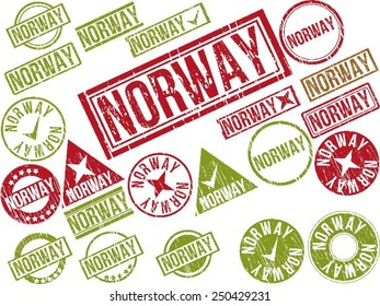 Collection of 22 red grunge rubber stamps with text "NORWAY". Vector illustration