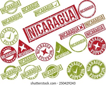 Collection of 22 red grunge rubber stamps with text "NICARAGUA". Vector illustration