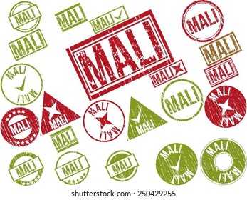 Collection of 22 red grunge rubber stamps with text "MALI". Vector illustration