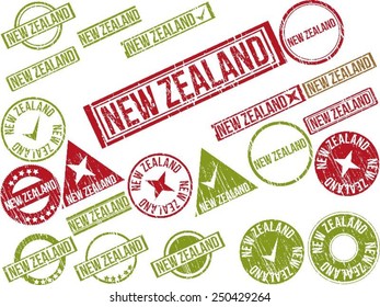Collection of 22 red grunge rubber stamps with text "NEW ZEALAND". Vector illustration