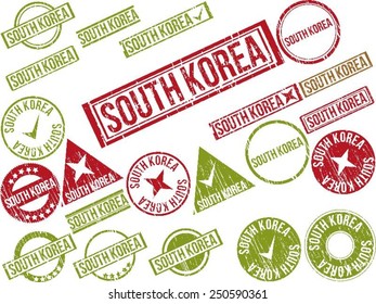 Collection of 22 red grunge rubber stamps with text "SOUTH KOREA". Vector illustration