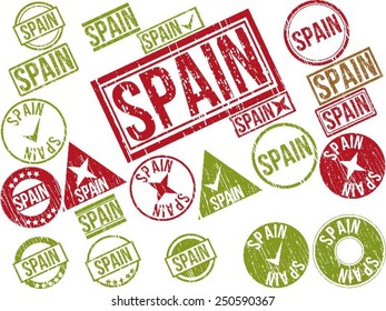 Collection of 22 red grunge rubber stamps with text "SPAIN". Vector illustration