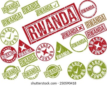 Collection of 22 red grunge rubber stamps with text "RWANDA". Vector illustration