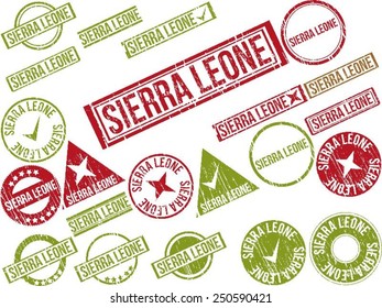 Collection of 22 red grunge rubber stamps with text "SIERRA LEONE". Vector illustration