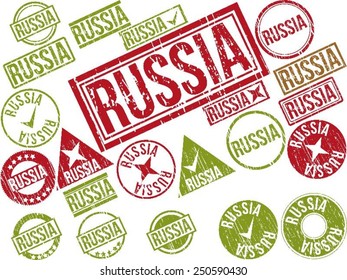 Collection of 22 red grunge rubber stamps with text "RUSSIA". Vector illustration