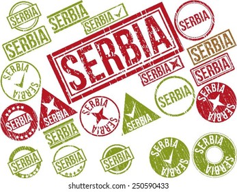 Collection of 22 red grunge rubber stamps with text "SERBIA". Vector illustration