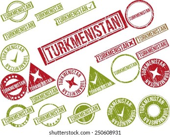 Collection of 22 red grunge rubber stamps with text "TURKMENISTAN" . Vector illustration