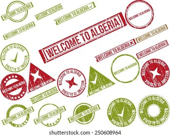 Collection of 22 red grunge rubber stamps with text "WELCOME TO ALGERIA". Vector illustration