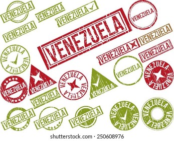 Collection of 22 red grunge rubber stamps with text "VENEZUELA". Vector illustration