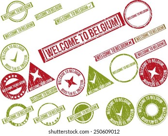 Collection of 22 red grunge rubber stamps with text "WELCOME TO BELGIUM" . Vector illustration