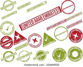 Collection of 22 red grunge rubber stamps with text "UNITED ARAB EMIRATES" . Vector illustration