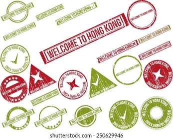 Collection of 22 red grunge rubber stamps with text "WELCOME TO HONG KONG". Vector illustration