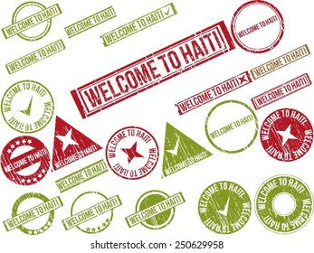 Collection of 22 red grunge rubber stamps with text "WELCOME TO HAITI". Vector illustration