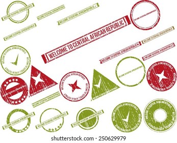 Collection of 22 red grunge rubber stamps with text "WELCOME TO CENTRAL AFRICAN REPUBLIC" . Vector illustration
