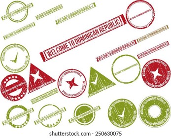 Collection of 22 red grunge rubber stamps with text "WELCOME TO DOMINICAN REPUBLIC". Vector illustration