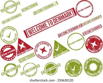 Collection of 22 red grunge rubber stamps with text "WELCOME TO DENMARK". Vector illustration