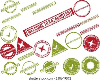 Collection of 22 red grunge rubber stamps with text "WELCOME TO KAZAKHSTAN". Vector illustration