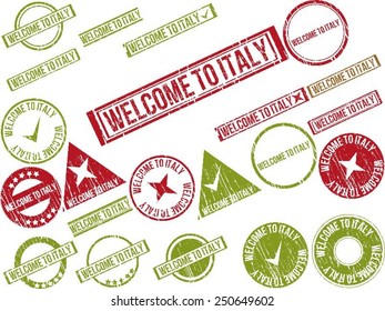 Collection of 22 red grunge rubber stamps with text "WELCOME TO ITALY". Vector illustration