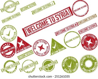 Collection of 22 red grunge rubber stamps with text "WELCOME TO SYRIA" . Vector illustration