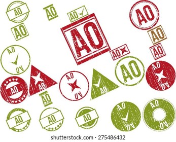 Collection of 22 red grunge rubber stamps with text "AO" . Vector illustration