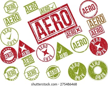 Collection of 22 red grunge rubber stamps with text "AERO" . Vector illustration
