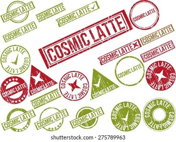 Collection of 22 red grunge rubber stamps with text "COSMIC LATTE" . Vector illustration