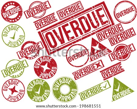Collection of 22 red grunge rubber stamps with text "OVERDUE" . Vector illustration