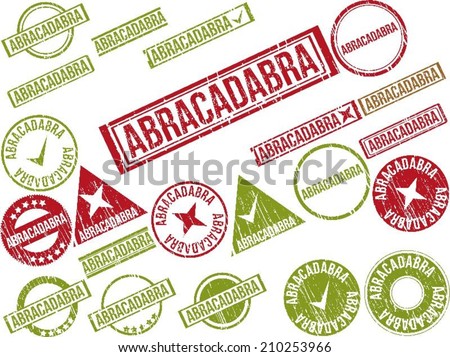 Collection of 22 red grunge rubber stamps with text "ABRACADABRA" . Vector illustration