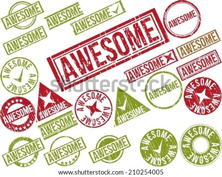 Collection of 22 red grunge rubber stamps with text "AWESOME" . Vector illustration