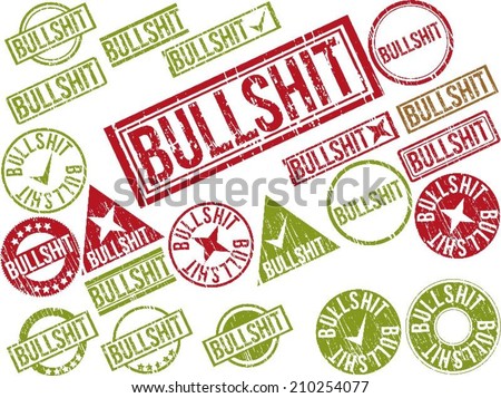 Collection of 22 red grunge rubber stamps with text "BULLSHIT" . Vector illustration