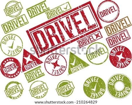 Collection of 22 red grunge rubber stamps with text "DRIVEL" . Vector illustration
