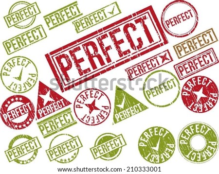 Collection of 22 red grunge rubber stamps with text "PERFECT" . Vector illustration
