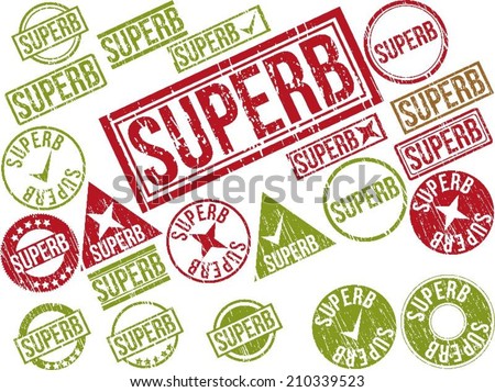Collection of 22 red grunge rubber stamps with text "SUPERB" . Vector illustration