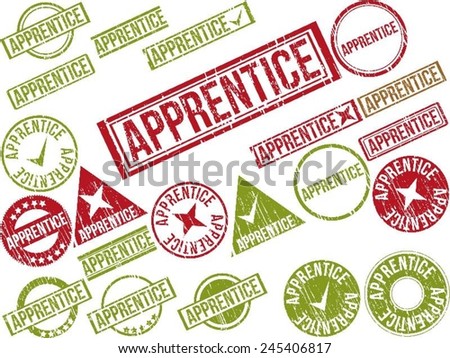 Collection of 22 red grunge rubber stamps with text "APPRENTICE" . Vector illustration