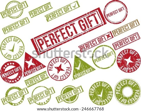 Collection of 22 red grunge rubber stamps with text "PERFECT GIFT" . Vector illustration