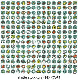 Collection of 225 doodled icons (vignette) for every occasion with shadows, on background, in colours. Individual illustrations are isolated and in eps10 vector mode.